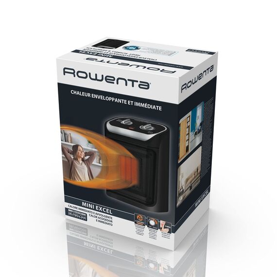 Rowenta Mini Excel Keramik Heizlüfter 1000 Watt, Elektro-Heizung, energiesparend, Innenraum, inkl. Silence-Modus, extrem leise mit nur 49 dB(A), für 25 m² Räume, kompaktes Design, SO9261