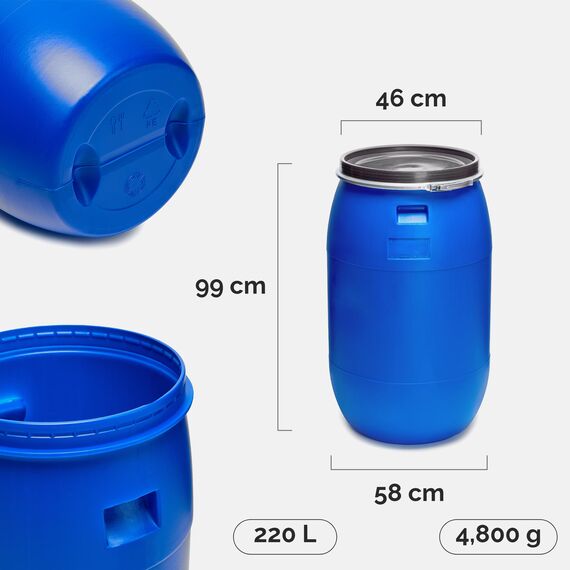 Garronda 220 Liter Regentonne mit Deckel Weithalsfass aus HDPE Regenfass für Garten Fass 220l Regenwassertonne Futtertonne Wasserbehälter Universalfass Wasserfass Regentonnen Wassertank GD-0078, Blau