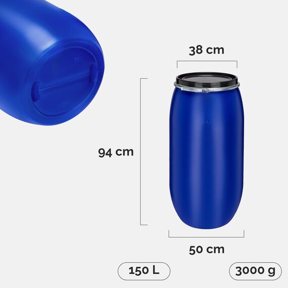 Garronda 150 Liter Regentonne mit Deckel Weithalsfass aus HDPE Regenfass für Garten Fass Regenwassertonne Futtertonne Universalfass Wasserfass Regentonnen Lebensmittelfass Wassertank GD-0078, Blau