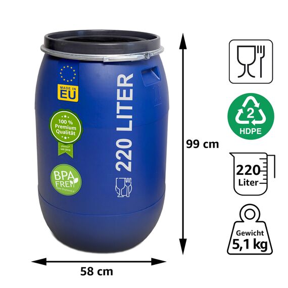 plasteo® 220 Liter Weithalsfass mit Deckel und Spannring, Lebensmittelecht BPA-Frei, Futtertonne Kunststofffass Deckelfass Regentonne Regenfass Lagerfass Sauerkrautfas, Stapelbar Palettengerecht, Blau