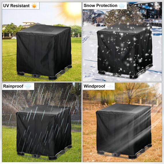 Druuzyl IBC Tank Abdeckung 1000L mit Reißverschluss - UV-Schutzplane 120x100x116cm - Passend für IBC Container & Regentonnen - Wasserdichte Schutzfolie mit Belüftung - Inkl. Befestigungsbändern