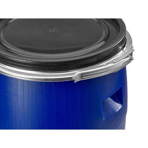 AGROHIT Weithalsfass 120 l, Fass mit Deckel, Metallring & Griffen, Lebensmittelechtes Deckelfass, für Transport & Aufbewahrung von Lebensmitteln oder Wasser, Kunststoffbehälter für Trinkwasser, Blau