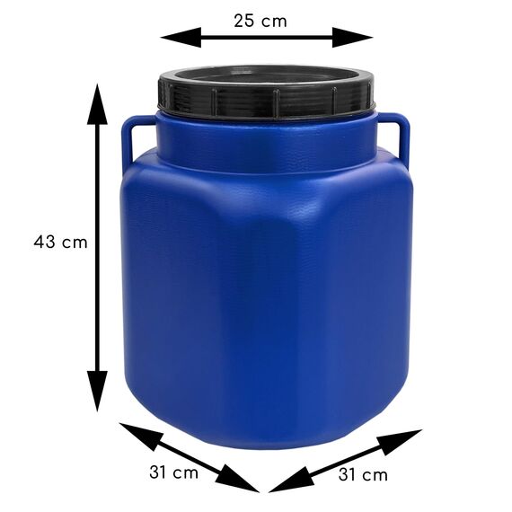 plasteo Weithalsfass 30 Liter Kanister mit Deckel & Henkeln, Blau, Eimer Lebensmittelecht für Lagerfass