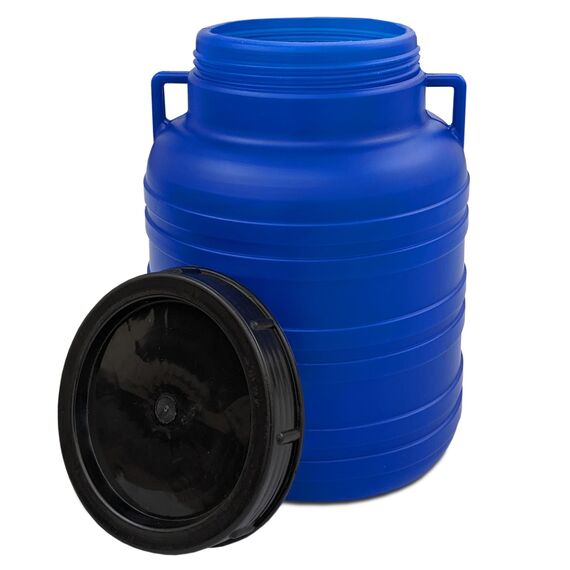 plasteo® Weithalsfass mit Schraubdeckel und Henkel Futtertonne Kunststofffass Universalfass Deckelfass Lebensmittelecht Wasserfass Regentonne Lagerfass (10 Liter Rund Blau)