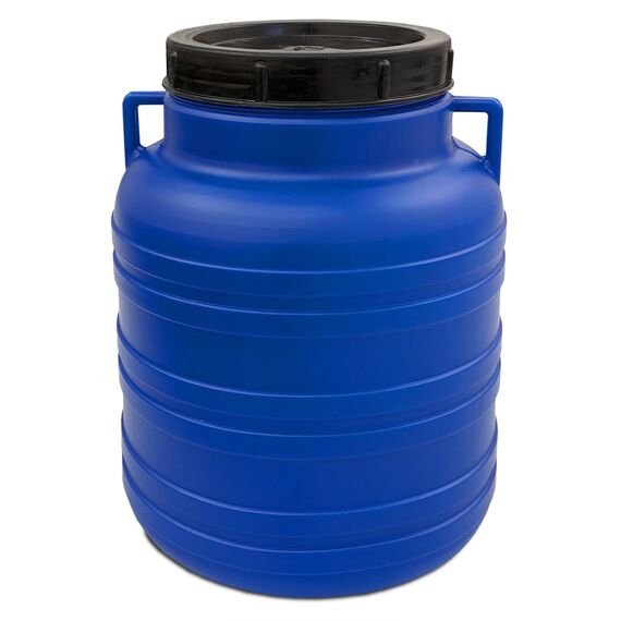 plasteo® Weithalsfass mit Schraubdeckel und Henkel Futtertonne Kunststofffass Universalfass Deckelfass Lebensmittelecht Wasserfass Regentonne Lagerfass (10 Liter Rund Blau)