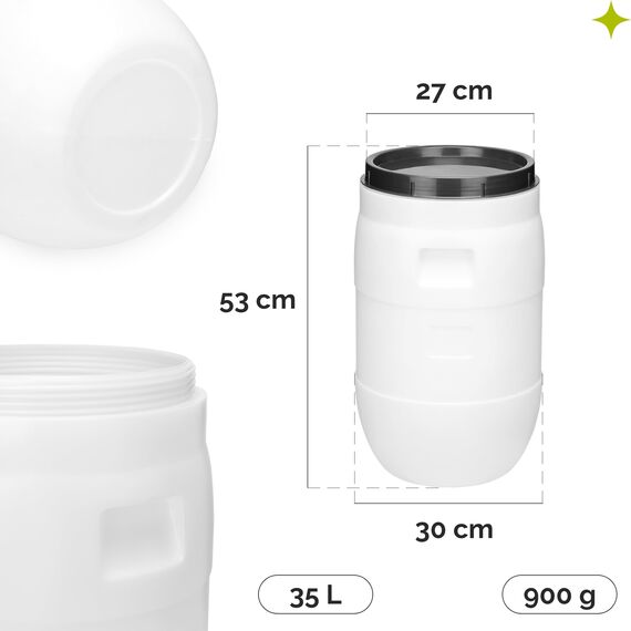 Garronda 35 Liter BPA-freies Fass und Futtertonne, Weithalsfass, Wassertank und Behälter mit Deckel für Sauerkraut sowie Surfass Pökelfass für Fleisch GD-0087, Weiß