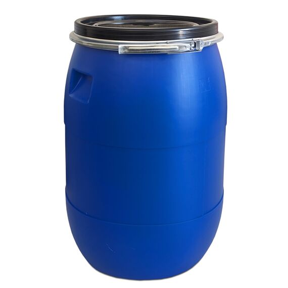 plasteo 85 Liter Weithalsfass mit Deckel und Spannring, Lebensmittelecht BPA-Frei Futtertonne Wasserfass Lagerfass Universalfass Kunststofffass