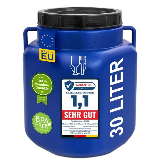 plasteo Weithalsfass 30 Liter Kanister mit Deckel & Henkeln, Blau, Eimer Lebensmittelecht für Lagerfass