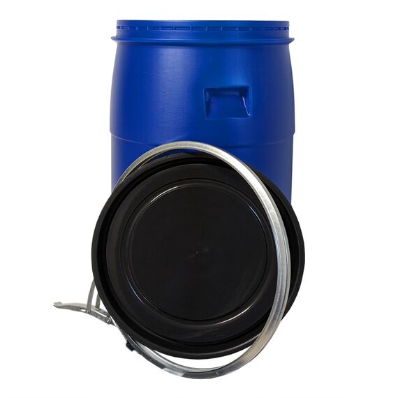 plasteo® 60 Liter Weithalsfass mit Deckel und Spannring, Lebensmittelecht BPA-Frei, Futtertonne Kunststofffass Universalfass Deckelfass Wasserfass Lagerfass Sauerkrautfass, Stabile Griffmulden, Blau