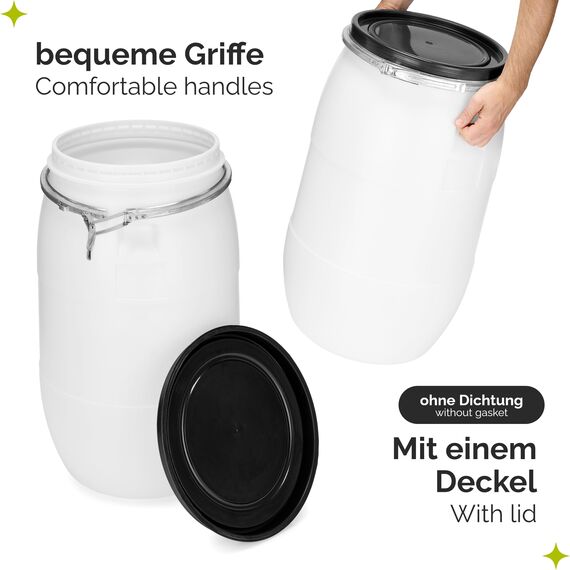 Garronda 85 Liter Deckelfass Weithalsfass aus HDPE Regenfass für Garten Fass Futtertonne Wasserbehälter Universalfass Wasserfass Regentonne Lebensmittelfass Wassertank GD-0078, Weiß