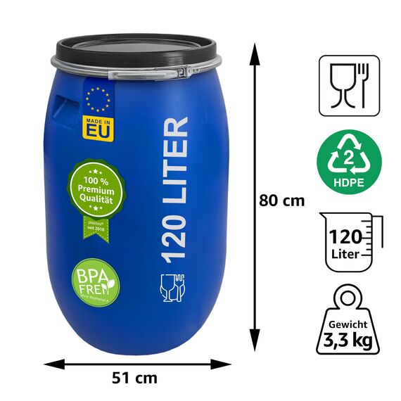 plasteo® 120 Liter Weithalsfass mit Deckel und Spannring Futtertonne Kunststofffass Universalfass Deckelfass Lebensmittelecht Wasserfass Regentonne Lagerfass | Stabile Griffmulden | Blau