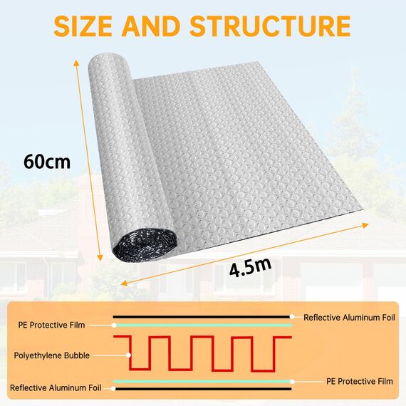 Isolierfolie Dämmfolie Doppelseitige Aluminiumfolie Isolierung Dachisolierung Reflektierende Isolierungsfolie geeignet für Wärmedämmung Wärmehaltung Wärmeschutzfolie (4,5m×60cm)