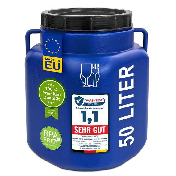 plasteo 50 Liter Kanister Eckig Blau, Lebensmittelecht BPA-Frei Wasserfass Lagerfass mit Deckel und Griffen