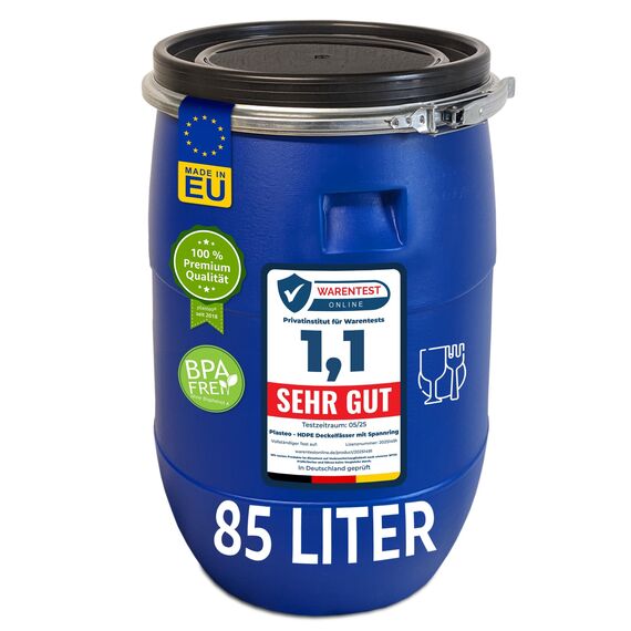 plasteo 85 Liter Weithalsfass mit Deckel und Spannring, Lebensmittelecht BPA-Frei Futtertonne Wasserfass Lagerfass Universalfass Kunststofffass