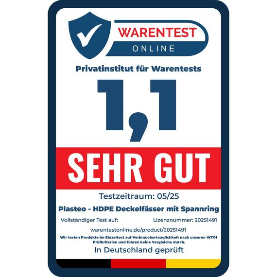 plasteo® 60 Liter Weithalsfass mit Deckel und Spannring, Lebensmittelecht BPA-Frei, Futtertonne Kunststofffass Universalfass Deckelfass Wasserfass Lagerfass Sauerkrautfass, Stabile Griffmulden, Blau