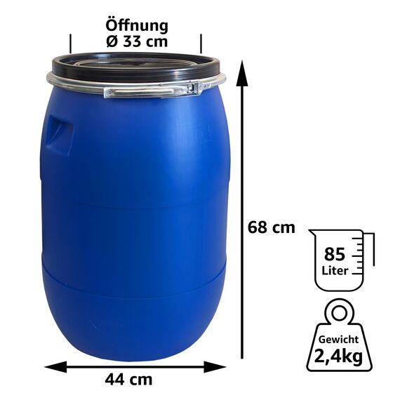 plasteo 85 Liter Weithalsfass mit Deckel und Spannring, Lebensmittelecht BPA-Frei Futtertonne Wasserfass Lagerfass Universalfass Kunststofffass