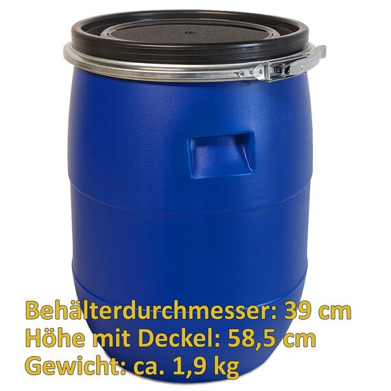 plasteo® 60 Liter Weithalsfass mit Deckel und Spannring, Lebensmittelecht BPA-Frei, Futtertonne Kunststofffass Universalfass Deckelfass Wasserfass Lagerfass Sauerkrautfass, Stabile Griffmulden, Blau