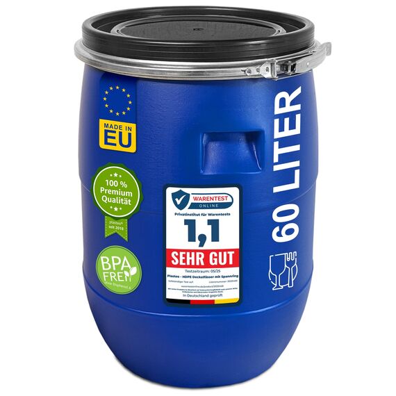 plasteo® 60 Liter Weithalsfass mit Deckel und Spannring, Lebensmittelecht BPA-Frei, Futtertonne Kunststofffass Universalfass Deckelfass Wasserfass Lagerfass Sauerkrautfass, Stabile Griffmulden, Blau