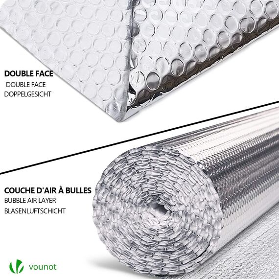 VOUNOT Isolierfolie Dämmfolie 20m x 100cm x 3mm, Doppelte Alu-Luftpolsterfolie Heizkörper Reflexionsfolie Thermofolie
