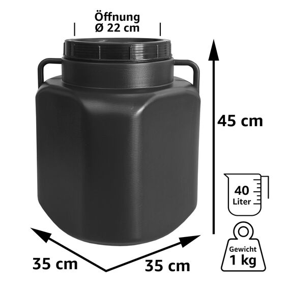 plasteo® 40 Liter Weithalsfass mit Deckel und Griffen Eckig Schwarz Lebensmittelecht und BPA-Frei, Futtertonne Kunststofffass Universalfass Deckelfass Wasserfass Regentonne Lagerfass