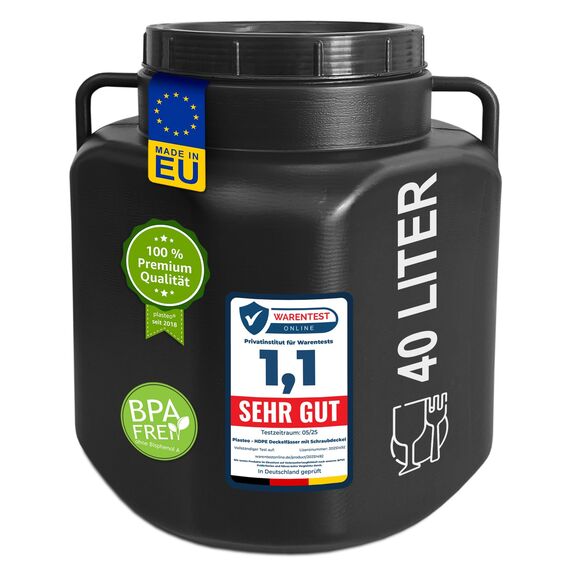 plasteo® 40 Liter Weithalsfass mit Deckel und Griffen Eckig Schwarz Lebensmittelecht und BPA-Frei, Futtertonne Kunststofffass Universalfass Deckelfass Wasserfass Regentonne Lagerfass