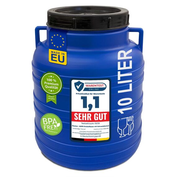 plasteo® Weithalsfass mit Schraubdeckel und Henkel Futtertonne Kunststofffass Universalfass Deckelfass Lebensmittelecht Wasserfass Regentonne Lagerfass (10 Liter Rund Blau)