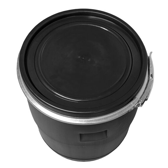 plasteo 60 Liter Weithalsfass mit Deckel und Spannring in schwarz, Lebensmittelecht BPA-Frei Futtertonne Wasserfass Lagerfass Universalfass Kunststofffass (schwarz, rund)