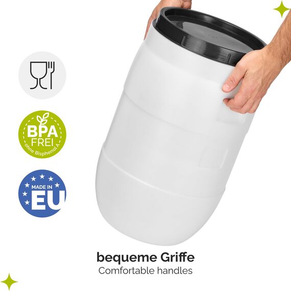 Garronda 35 Liter BPA-freies Fass und Futtertonne, Weithalsfass, Wassertank und Behälter mit Deckel für Sauerkraut sowie Surfass Pökelfass für Fleisch GD-0087, Weiß