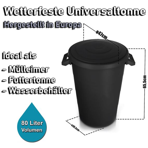 BigDean 2X wetterfeste Universaltonne mit Deckel und 2 stabilen Tragegriffen 80 Liter SCHWARZ - Regentonne Mülleimer - Indoor und Outdoor geeignet - Made in Europe