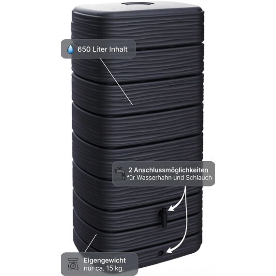 Ondis24 Regenwasser Wandtank Regenfass Eco 650 Liter Graphit anthrazit inkl. Wasserhahn