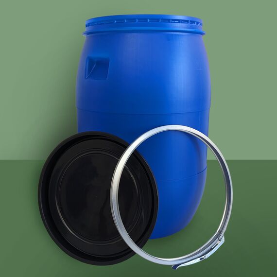 plasteo 85 Liter Weithalsfass mit Deckel und Spannring, Lebensmittelecht BPA-Frei Futtertonne Wasserfass Lagerfass Universalfass Kunststofffass