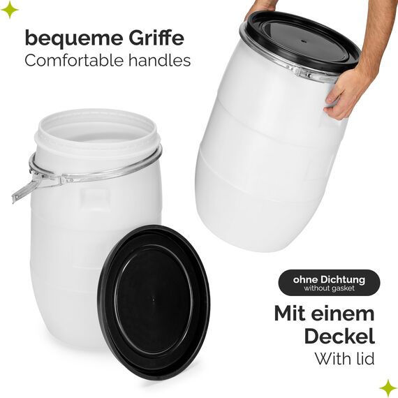 Garronda 60 Liter Deckelfass Weithalsfass aus HDPE Regenfass für Garten Fass 60l Wassertonne Futtertonne Wasserbehälter Universalfass Wasserfass Lebensmittelfass Wassertank GD-0078, Weiß