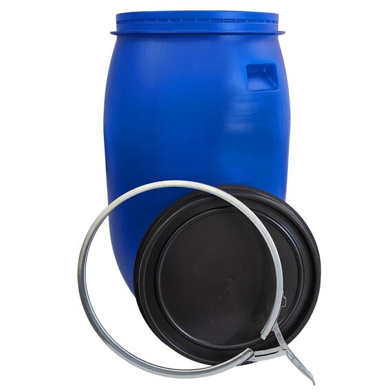 plasteo® 120 Liter Weithalsfass mit Deckel und Spannring Futtertonne Kunststofffass Universalfass Deckelfass Lebensmittelecht Wasserfass Regentonne Lagerfass | Stabile Griffmulden | Blau