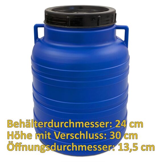 plasteo® Weithalsfass mit Schraubdeckel und Henkel Futtertonne Kunststofffass Universalfass Deckelfass Lebensmittelecht Wasserfass Regentonne Lagerfass (10 Liter Rund Blau)