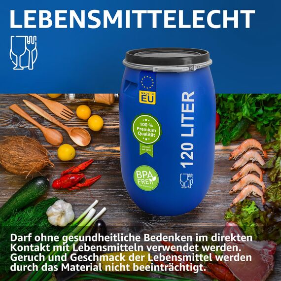 plasteo® 120 Liter Weithalsfass mit Deckel und Spannring Futtertonne Kunststofffass Universalfass Deckelfass Lebensmittelecht Wasserfass Regentonne Lagerfass | Stabile Griffmulden | Blau