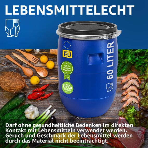 plasteo® 60 Liter Weithalsfass mit Deckel und Spannring, Lebensmittelecht BPA-Frei, Futtertonne Kunststofffass Universalfass Deckelfass Wasserfass Lagerfass Sauerkrautfass, Stabile Griffmulden, Blau