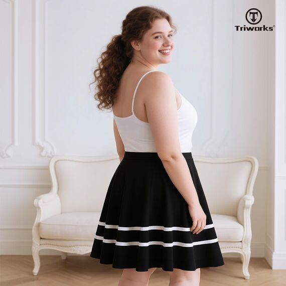 TRIWORKS Elegante Schwarz und Weiß Rock Große Größen Damen Mädchen Basic Casual Mini Sommer Kurz Skater Stretchy Rock mit Hose A-Linie Versatile Elastische Minirock Tennisrock