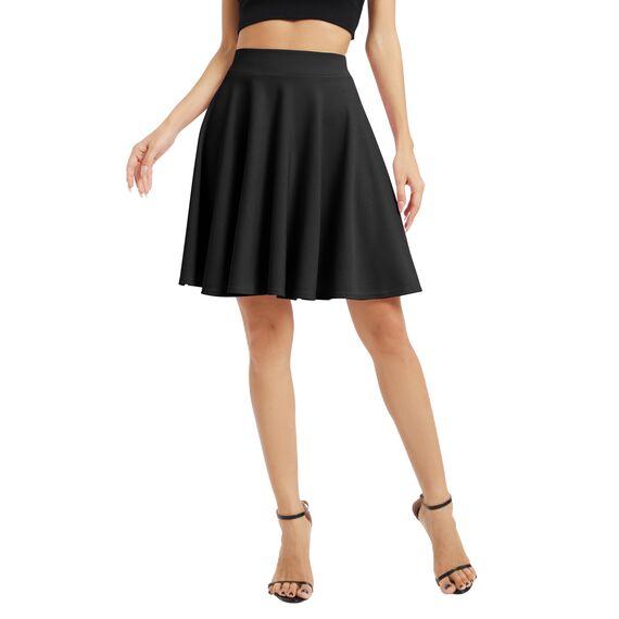 Damen Elegante Elastische Taille Ausgestellte A-Linie Midi Rock Basic Uniform Plissee Skater Röcke(L, Schwarz)