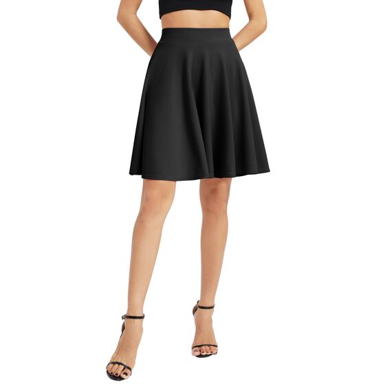 Damen Elegante Elastische Taille Ausgestellte A-Linie Midi Rock Basic Uniform Plissee Skater Röcke(L, Schwarz)