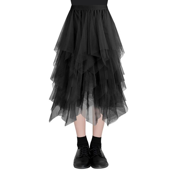AUYAO Damen Tüllrock Klassisch Mittellanger Ballett Tutu Rock Unregelmäßige Tütü Tutu Rock Damen Mesh Nähte Tutu Röcke Elastische Tüll Rock High Waisted Rock A-Linie Midirock Lagenrock (Schwarz)