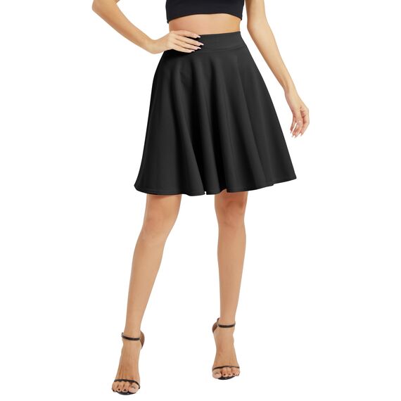 Damen Elegante Elastische Taille Ausgestellte A-Linie Midi Rock Basic Uniform Plissee Skater Röcke(L, Schwarz)