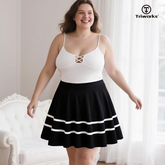 TRIWORKS Elegante Schwarz und Weiß Rock Große Größen Damen Mädchen Basic Casual Mini Sommer Kurz Skater Stretchy Rock mit Hose A-Linie Versatile Elastische Minirock Tennisrock