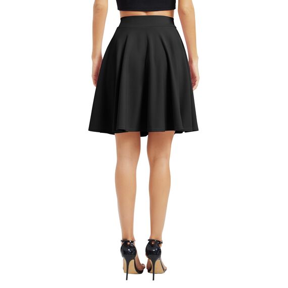 Damen Elegante Elastische Taille Ausgestellte A-Linie Midi Rock Basic Uniform Plissee Skater Röcke(L, Schwarz)