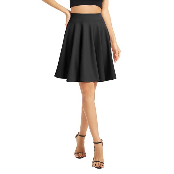 Damen Elegante Elastische Taille Ausgestellte A-Linie Midi Rock Basic Uniform Plissee Skater Röcke(L, Schwarz)
