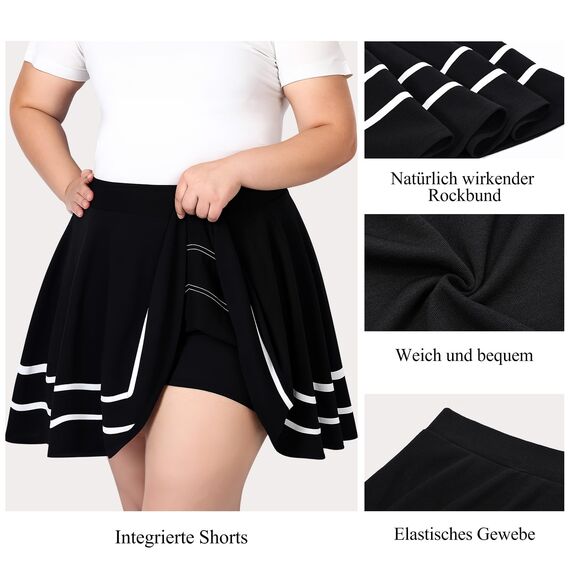 TRIWORKS Elegante Schwarz und Weiß Rock Große Größen Damen Mädchen Basic Casual Mini Sommer Kurz Skater Stretchy Rock mit Hose A-Linie Versatile Elastische Minirock Tennisrock