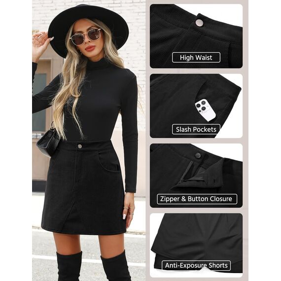 heekpek Damen Cordrock Minirock Hohe Taille Rock Damen Herbst Winter Mini Skirt Wickelrock A-Linie Business Rock Kurz mit Taschen, Schwarz, L