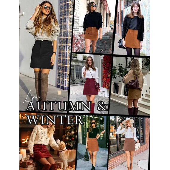 heekpek Damen Cordrock Minirock Hohe Taille Rock Damen Herbst Winter Mini Skirt Wickelrock A-Linie Business Rock Kurz mit Taschen, Schwarz, L