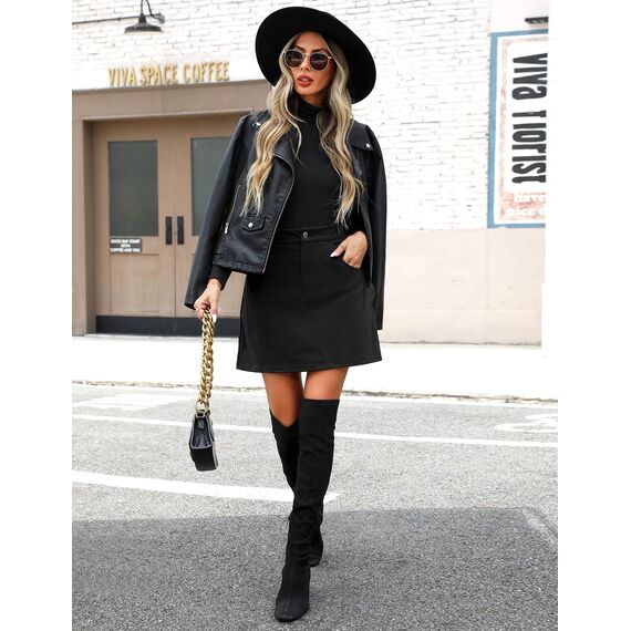 heekpek Damen Cordrock Minirock Hohe Taille Rock Damen Herbst Winter Mini Skirt Wickelrock A-Linie Business Rock Kurz mit Taschen, Schwarz, L