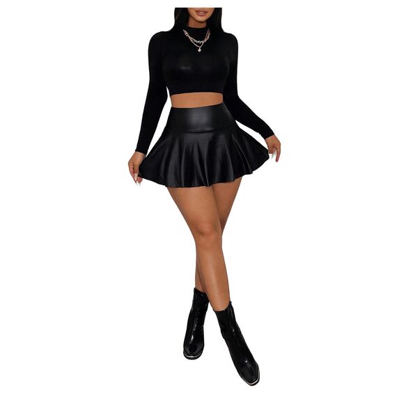 GORGLITTER Damen Skort Elastischer Bund Minirock PU Leder Clubröcke Kurze Röcke mit Rüschensaum Schwarz M