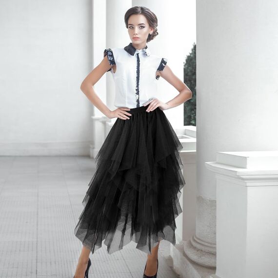 AUYAO Damen Tüllrock Klassisch Mittellanger Ballett Tutu Rock Unregelmäßige Tütü Tutu Rock Damen Mesh Nähte Tutu Röcke Elastische Tüll Rock High Waisted Rock A-Linie Midirock Lagenrock (Schwarz)